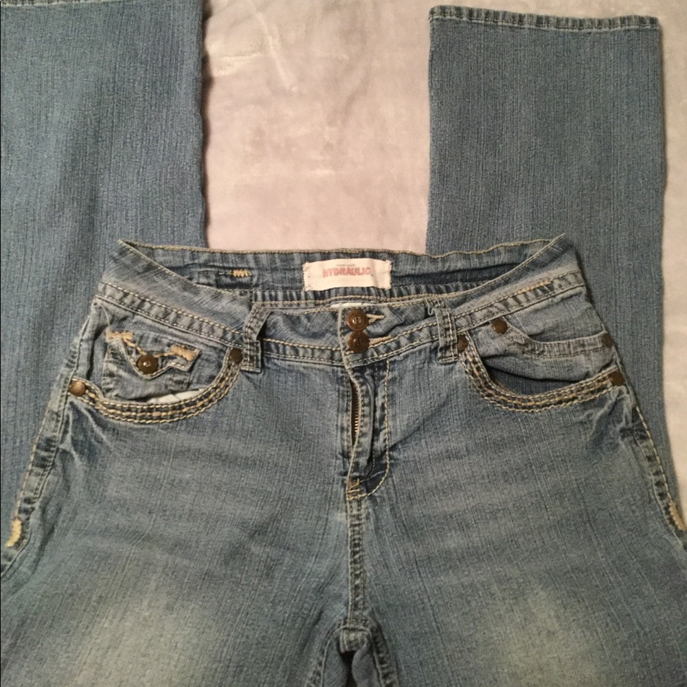 Light blue denim jeans, boot cut, size: 10 Petite